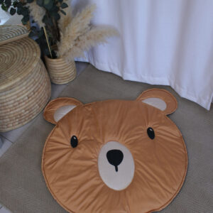 Bear face baby playmat with padded surface for tummy time and play, designed by Cinnamon and Spice Baby Boutique.