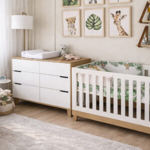 Baby Essentials Cot & Compactum Set | Morgan and Stijl CC | Cinnamon & Spice South Africa Signature Nursery Duo featuring a white and natural wood baby cot and Megan compactum styled in a neutral jungle themed nursery
