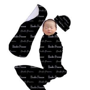 Handcrafted wrap set, perfect for swaddling baby and helps reduce the startle reflex, promoting longer, more restful sleep for your baby in a South African-inspired nursery. Cinnamon and Spice. Featuring Black with White name print