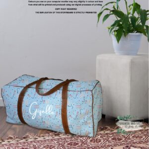 Personalised floral duffel bag with tan leather straps, perfect for baby travel or weekend getaways. Personalization is free. Cinnamon and Spice