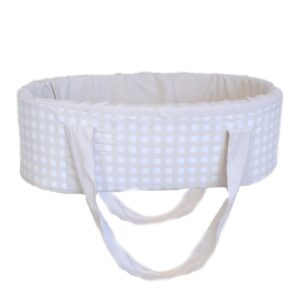 Carry cot with beige check print, handcrafted for newborn comfort and portability – Cinnamon and Spice Baby Boutique.