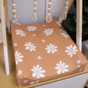 Neutral-toned changing mat cover with sage rainbow and sun motif—soft stretchy fabric for stylish and comfy diaper changes.