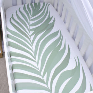 Luxury custom toddler fitted sheet South Africa – soft breathable fabric, handmade by Cinnamon & Spice. Plam Leaf