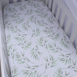 Luxury custom toddler fitted sheet South Africa – soft breathable fabric, handmade by Cinnamon & Spice. Olive Tree Leaf