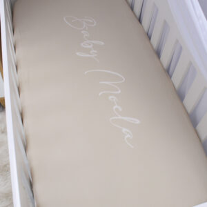 Luxury custom toddler fitted sheet South Africa – soft breathable fabric, handmade by Cinnamon & Spice. Plain beige with Name Personalize