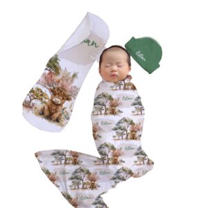 Handcrafted wrap set, perfect for swaddling baby and helps reduce the startle reflex, promoting longer, more restful sleep for your baby in a South African-inspired nursery. Cinnamon and Spice. Featuring Highland Cow Splash print