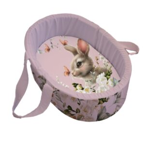 Carry cot with a Pink Tulip Bunny print, handcrafted for newborn comfort and portability – Cinnamon and Spice Baby Boutique.