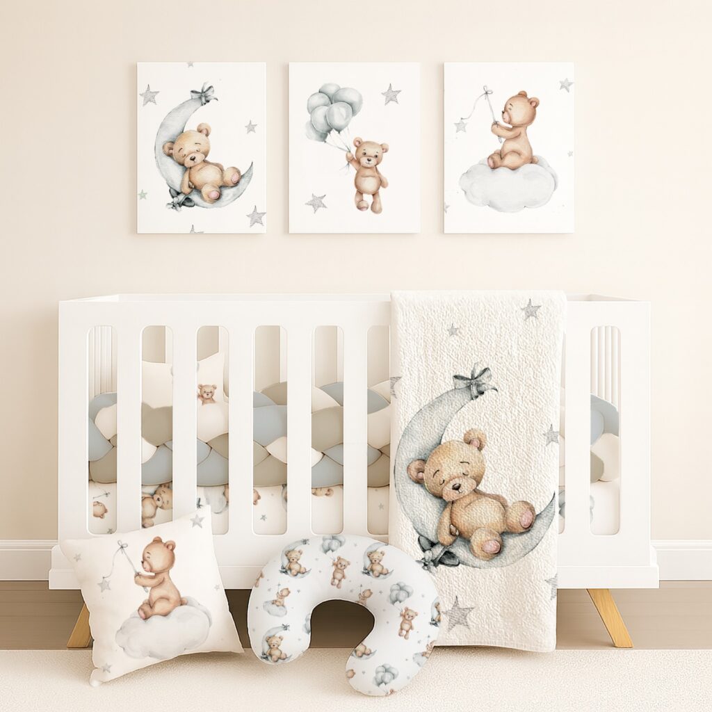 Cot Duvet Bedding – Bear – Grey Teddy Bear In Moon And Stars – Neutral ...