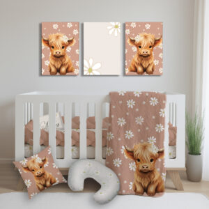 Highland Cow Daisy custom cot linen set by Cinnamon and Spice – beige and terracotta baby bedding with adorable elephant design.