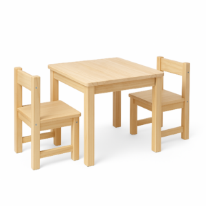 Natural light wood kids table and two matching chairs, 60 cm wide, flat-pack design with non-toxic water-based finish by Cinnamon & Spice South Africa.
