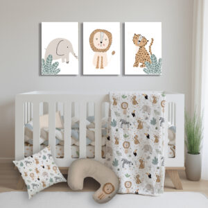 Safari Dotted custom cot linen set by Cinnamon and Spice – soft grey and beige natural baby bedding with adorable elephant design.