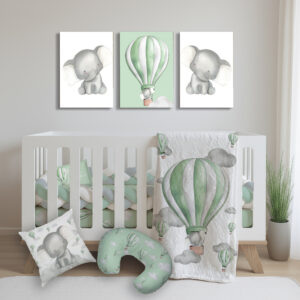 Ellie Elephant Air balloon custom cot linen set by Cinnamon and Spice – soft grey and sage green baby bedding with adorable elephant design.