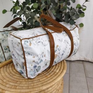 Personalised leaf print bag with tan leather straps, perfect for baby travel or weekend getaways. Personalization is free. Cinnamon and Spice