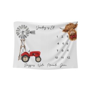 Milestone blanket with monthly markers, soft cotton baby photo prop for capturing growth.