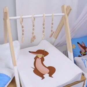 Neutral-toned changing mat cover with sage rainbow and sun motif—soft stretchy fabric for stylish and comfy diaper changes.
