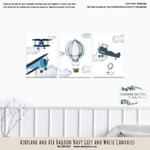 Canvases – Airplane And Air Balloon Navy Grey And White | Cinnamon & Spice South Africa Airplane And Air Balloon Navy Grey And White nursery canvas print in soft neutral tones, perfect wall décor for a baby’s room