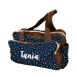 A personalised floral diaper bag with leather handles and personalized with name detail, handcrafted for moms in South Africa. Cinnamon and Spice