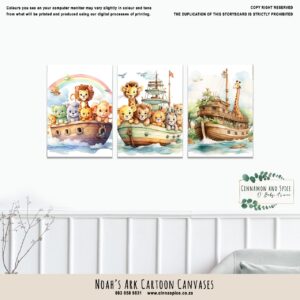 Canvases – Noah’s Ark Cartoon | Cinnamon & Spice South Africa Noah's Ark Cartoon nursery canvas print in soft neutral tones, perfect wall décor for a baby’s room