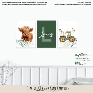 Canvases – Tractor, Cow and Name | Cinnamon & Spice South Africa Tractor, Cow and Name nursery canvas print in soft neutral tones, perfect wall décor for a baby’s room