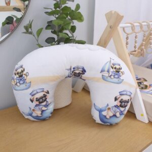 Feeding Pillow Cover – Who Let The Pugs Out At Sea | Cinnamon & Spice South Africa Handcrafted nursing pillow with inner, perfect for comfortable feeding and tummy time in a South African-inspired nursery. Cinnamon and Spice. Featuring Who Let The Pugs Out At Sea