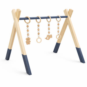 Minimalist natural wooden baby gym with hanging wooden toys on white background