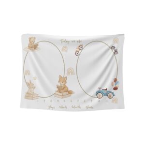 Milestone Blanket – Bear, Fox and Bunny Elegant | Cinnamon & Spice South Africa Milestone blanket with monthly markers, soft cotton baby photo prop for capturing growth.