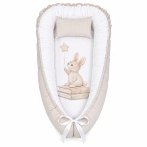 Beige Bear, Fox and Bunny Elegant baby nest with padded raised sides and a small matching head pillow, designed to create a cozy, secure sleeping space for infants.