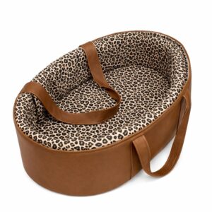 Fabric and leather carry cot with wooden base and waterproof lining. Portable baby bassinet South Africa