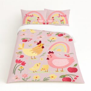 Farm Kids Duvet Set – Girly Farm Chicken Rainbow Pink | Cinnamon & Spice South Africa Handcrafted custom bedding set, featuring personalized printed and premium hypo-allergenic fabric, designed for elegant room décor. Cinnamon and Spice