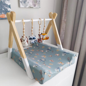 Woodlands Animals Themed | Baby Gym | Cinnamon & Spice South Africa Neutral-woodlands themed changing mat cover and baby gym with green motif—soft stretchy fabric for stylish and comfy diaper changes.