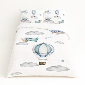 Air Balloon Kids Duvet Set – Airplane and Air Balloon Flying | Cinnamon & Spice South Africa Handcrafted custom bedding set, featuring personalized printed and premium hypo-allergenic fabric, designed for elegant room décor. Cinnamon and Spice