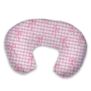 Bows Pink Feeding Pillow Cover | Checkered Gingham | Cinnamon & Spice South Africa Handcrafted nursing pillow with inner, perfect for comfortable feeding and tummy time in a South African-inspired nursery. Cinnamon and Spice.