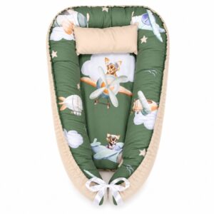 Plane Sky Adventure Chihuahua baby nest with padded raised sides and a small matching head pillow, designed to create a cozy, secure sleeping space for infants.