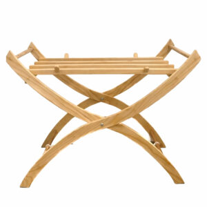 Natural wood Moses basket stand with foldable, sturdy frame designed for safe newborn sleeping and modern nursery use