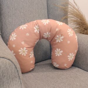 Boho Checkered Daisy Terracotta Pink Feeding Pillow Cover | Floral | Cinnamon & Spice South Africa Handcrafted nursing pillow with inner, perfect for comfortable feeding and tummy time in a South African-inspired nursery. Cinnamon and Spice.