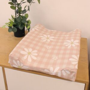 Boho Checkered Daisy Terracotta Pink Baby Changing Mat Cover | Floral | Cinnamon & Spice South Africa Changing mat cover—soft stretchy fabric for stylish and comfy diaper changes.