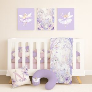 Handcrafted custom purple fairy unicorn woodlands wonderland cot bedding set, featuring personalized printed and premium hypo-allergenic baby safe fabric, designed for elegant nursery décor. Cinnamon and Spice