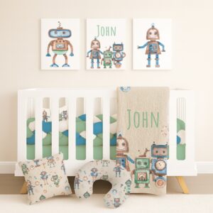 Robot Blue and Green Cot Bedding Set | Cinnamon & Spice South Africa Handcrafted custom robot cot bedding set, featuring personalized printed and premium hypo-allergenic baby safe fabric, designed for elegant nursery décor. Cinnamon and Spice