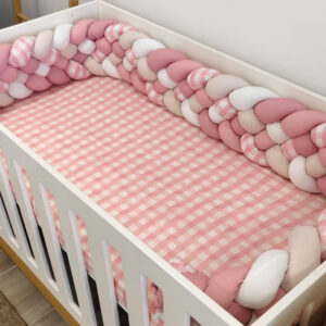 5 Strand Braided Bumper – Pink, White and Check Gingham | Cinnamon & Spice South Africa Cot Crib Braided Bumper, soft and breathable, Cinnamon and Spice