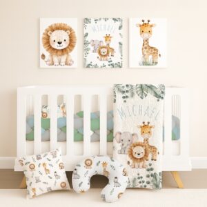 Handcrafted custom safari animals cot bedding set, featuring personalized printed and premium hypo-allergenic baby safe fabric, designed for elegant nursery décor. Cinnamon and Spice