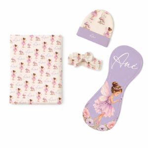 Fairy Pink and Purple Swaddle Wrap Set | Newborn Hospital Set | Cinnamon & Spice South Africa Handcrafted wrap set, perfect for swaddling baby and helps reduce the startle reflex, promoting longer, more restful sleep for your baby in a South African-inspired nursery. Cinnamon and Spice. Featuring any print
