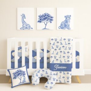 Vintage Blue Safari Cot Bedding Set | Cinnamon & Spice South Africa Handcrafted custom robot cot bedding set, featuring personalized printed and premium hypo-allergenic baby safe fabric, designed for elegant nursery décor. Cinnamon and Spice
