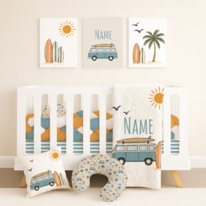 Blue Surfer Dude Cot Bedding Set | Cinnamon & Spice South Africa Handcrafted custom robot cot bedding set, featuring personalized printed and premium hypo-allergenic baby safe fabric, designed for elegant nursery décor. Cinnamon and Spice